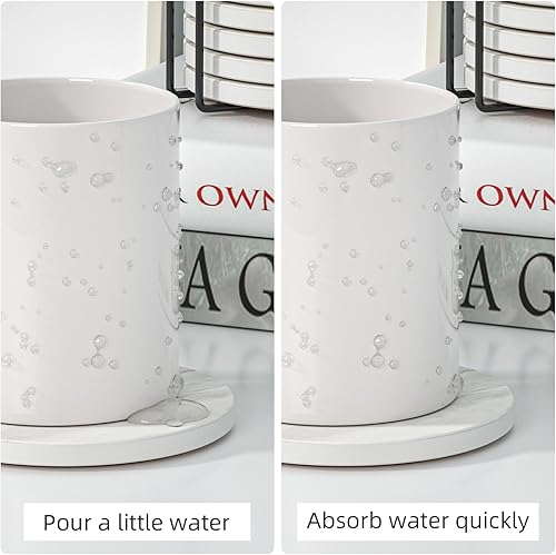 Miniatura 7 de Posavasos absorbentes con soporte, juego de 6 posavasos absorbentes, posavasos de ágata de cerámica con mármol y base de corcho para mesa de café,