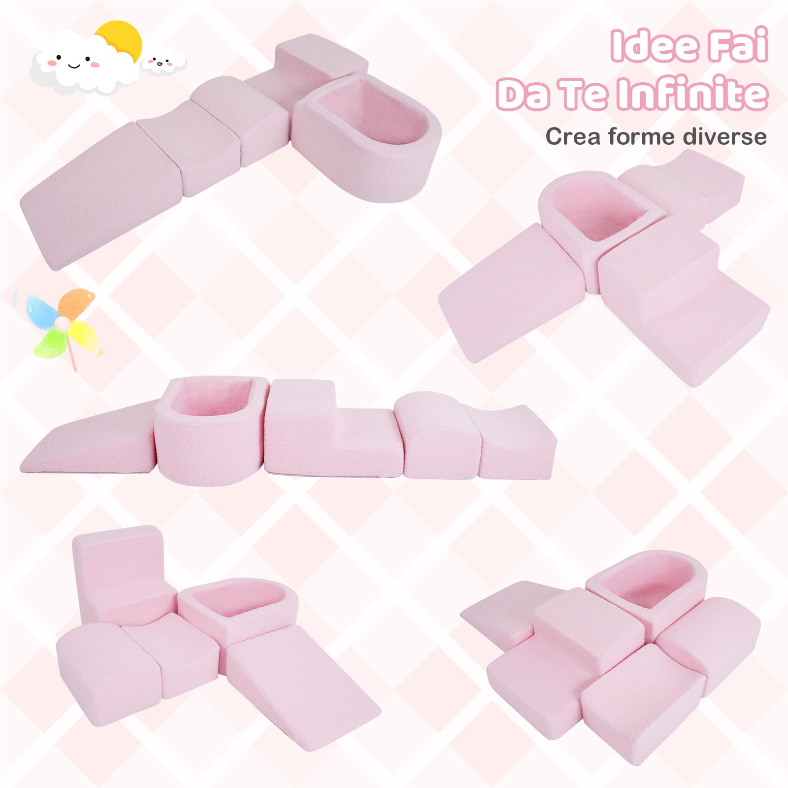 COSTWAY Blocchi da Arrampicata in Schiuma per Bambini, con Piscina di Palline, Set di 5 Pezzi per Arrampicata e Strisciamento, Set da Gioco da Interno per Bambini 3 Anni+ (Rosa,Sherpa)