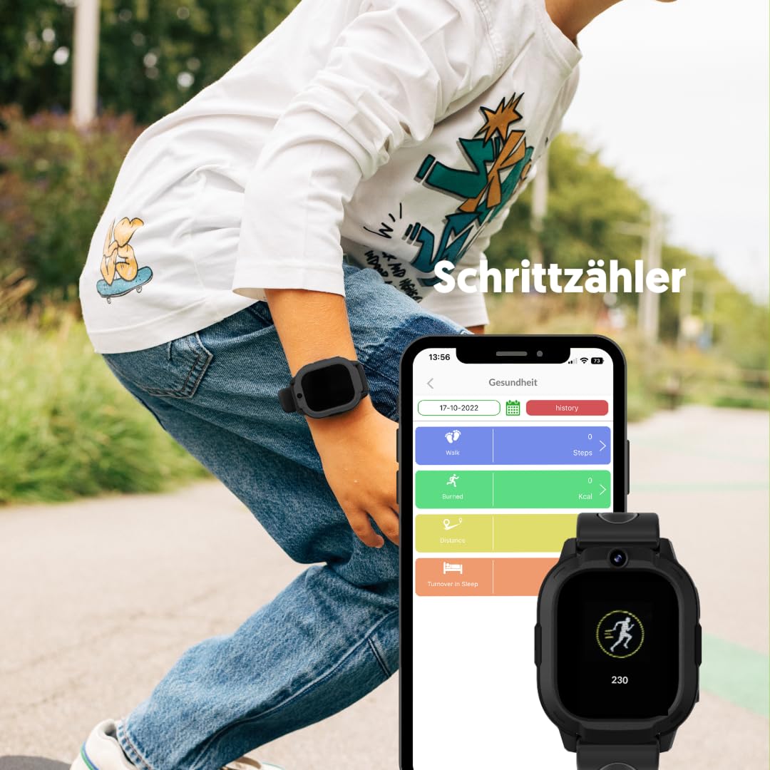Rebel Cactus Kinder Smartwatch Sky – Moderne Benutzeroberfläche in Schwarz – Kinderuhr mit GPS und größe Speicher, mit einstelbare Zeitlimit und Hintergründe – Wasserdicht (IP67)