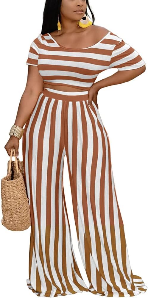2 Piece Outfits for Women Sexy Backless Short Sleeve Crop Top High Waist Wide Leg Long Pant Sets Tracksuit Sport Set