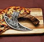 Viking Skull Pizza Cutter Axe with Leather Sheath - Carbon Steel Axe Blade with Wood Handle - Viking Style Pizza Cutter Skull Design - Best for Him and Her