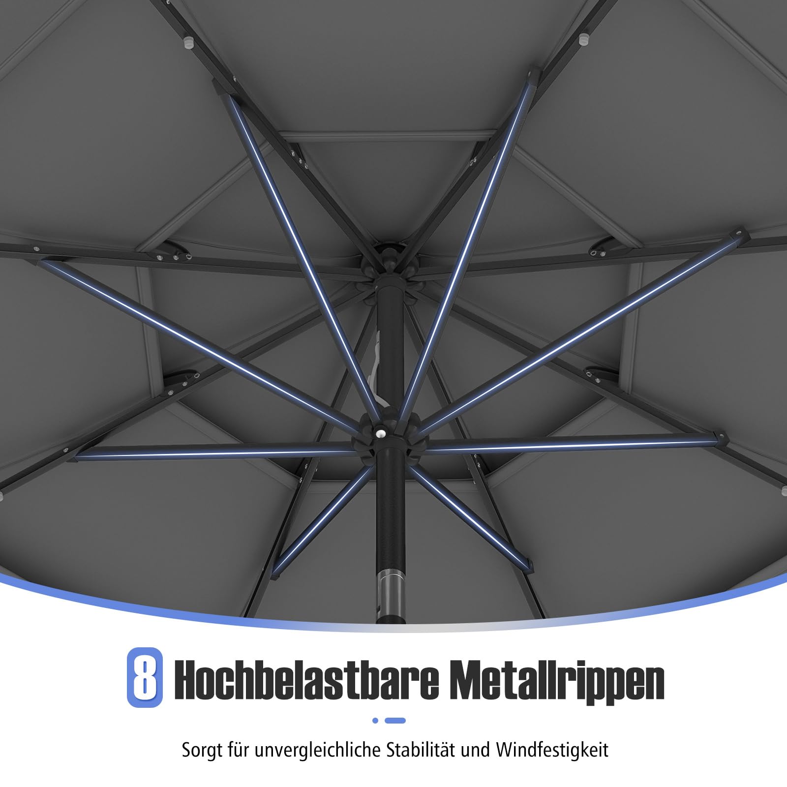 COSTWAY Parasol przeciwsłoneczny z oświetleniem solarnym LED, 300 cm, odporny na wiatr, stabilny, parasol tarasowy z korbą, obustronnie zginany o 35°, parasol balkonowy, do ogrodu, na balkon, antracyt