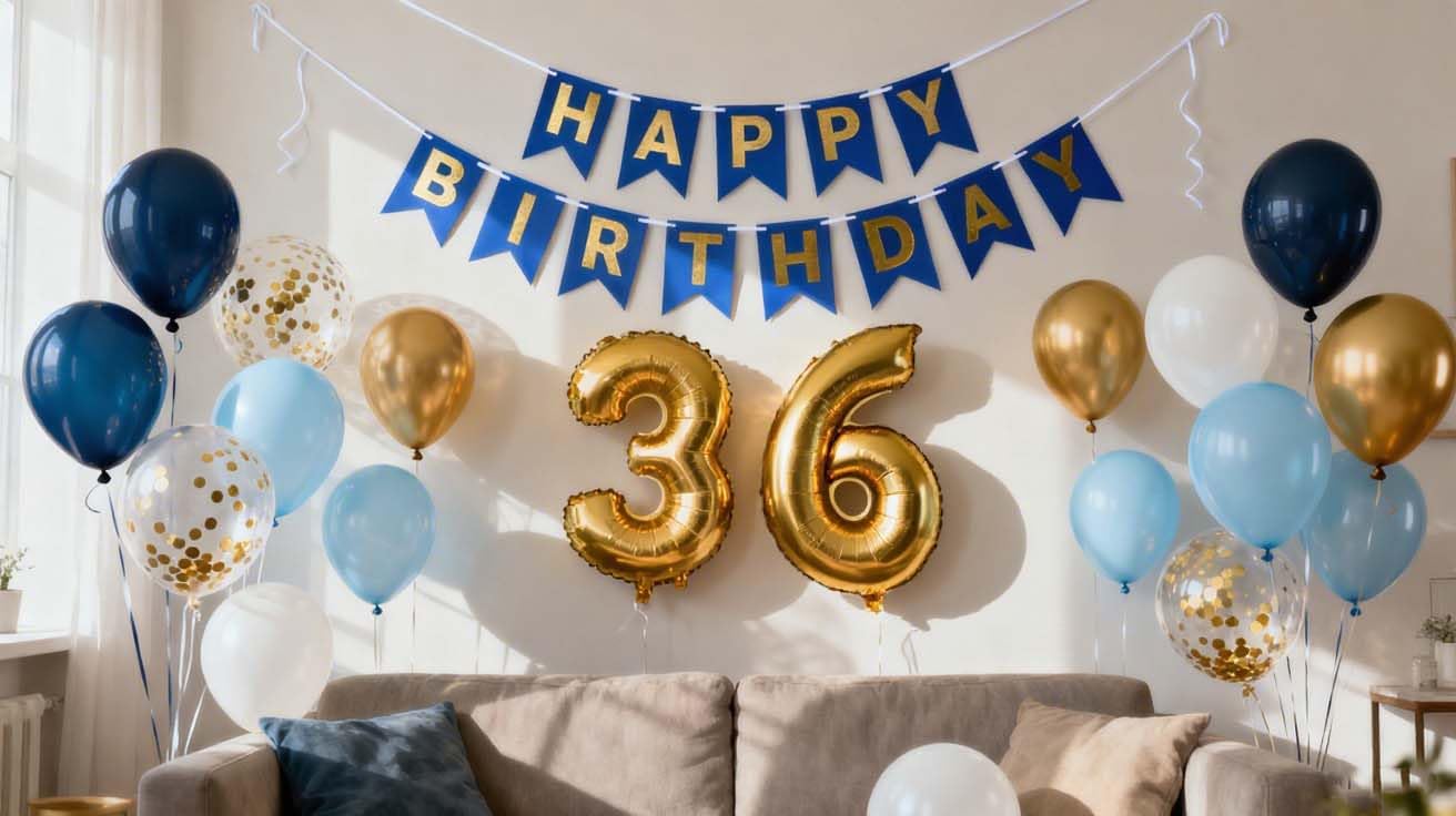 36th Birthday Decorations Blue Gold for Men, Happy 36th Banner Number 36 Foil Balloon Blue Gold Confetti Latex Balloons for Him Men Husband 36 Years