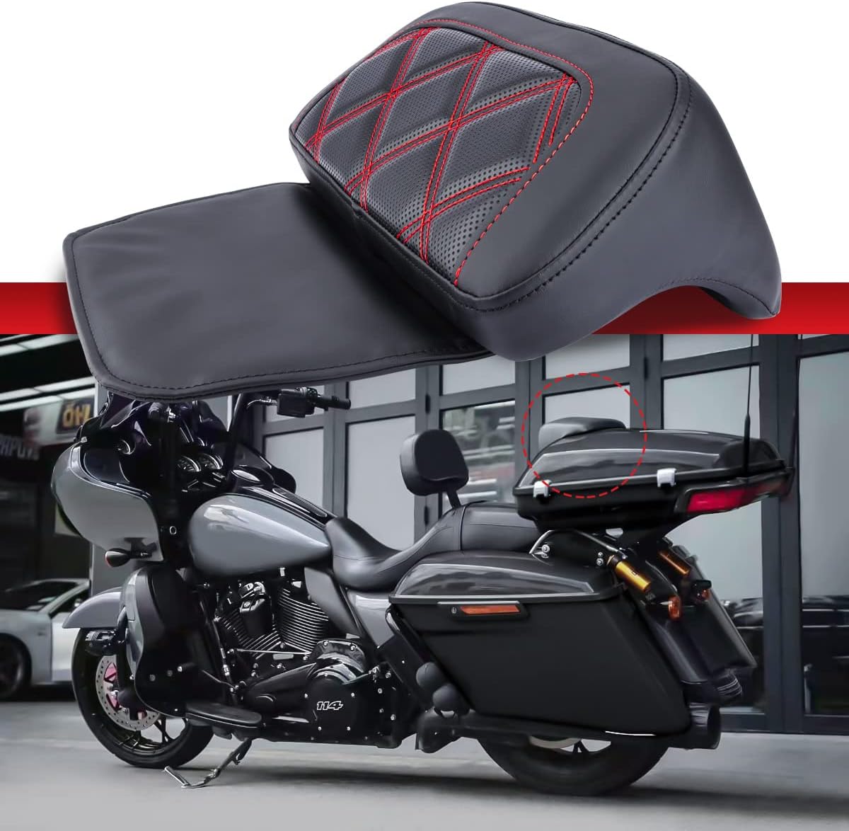 Razor Chopped Backrest Pad, Trunk Backrest Pad Rear Tour Pack Backrest Pad Compatible with Harley 2014-2023 Touring Street Glide Electra Glide Road Glide CVO (Red Stitching A)
