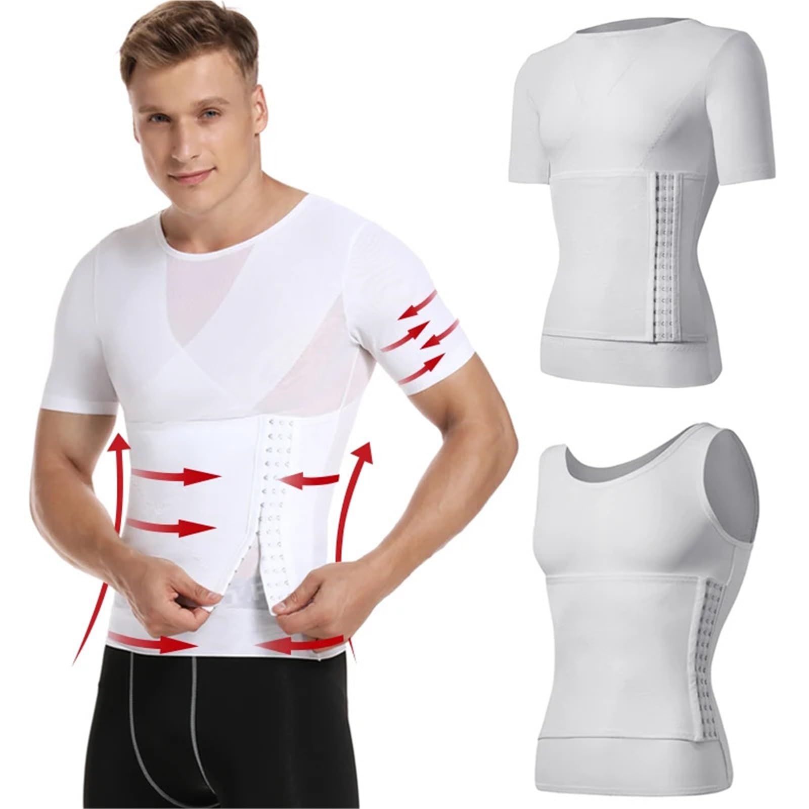Chaleco Reductor Para Hombre Camisetas de compresión moldeadoras de cuerpo for hombres, faja moldeadora de abdomen, faja adelgazante de abdomen, faja moldeadora de cintura(White with sleeve,XXL)