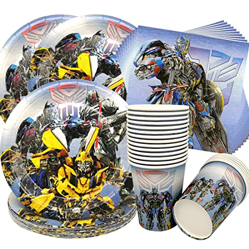 Doyomtoy 60pcs Transformator-Roboter partyware, Bumblebee y Optimus Prime juego de accesorios de fiesta, incluyendo platos, vasos, servilletas para babyparty, boda, cumpleaños (20 invitados)
