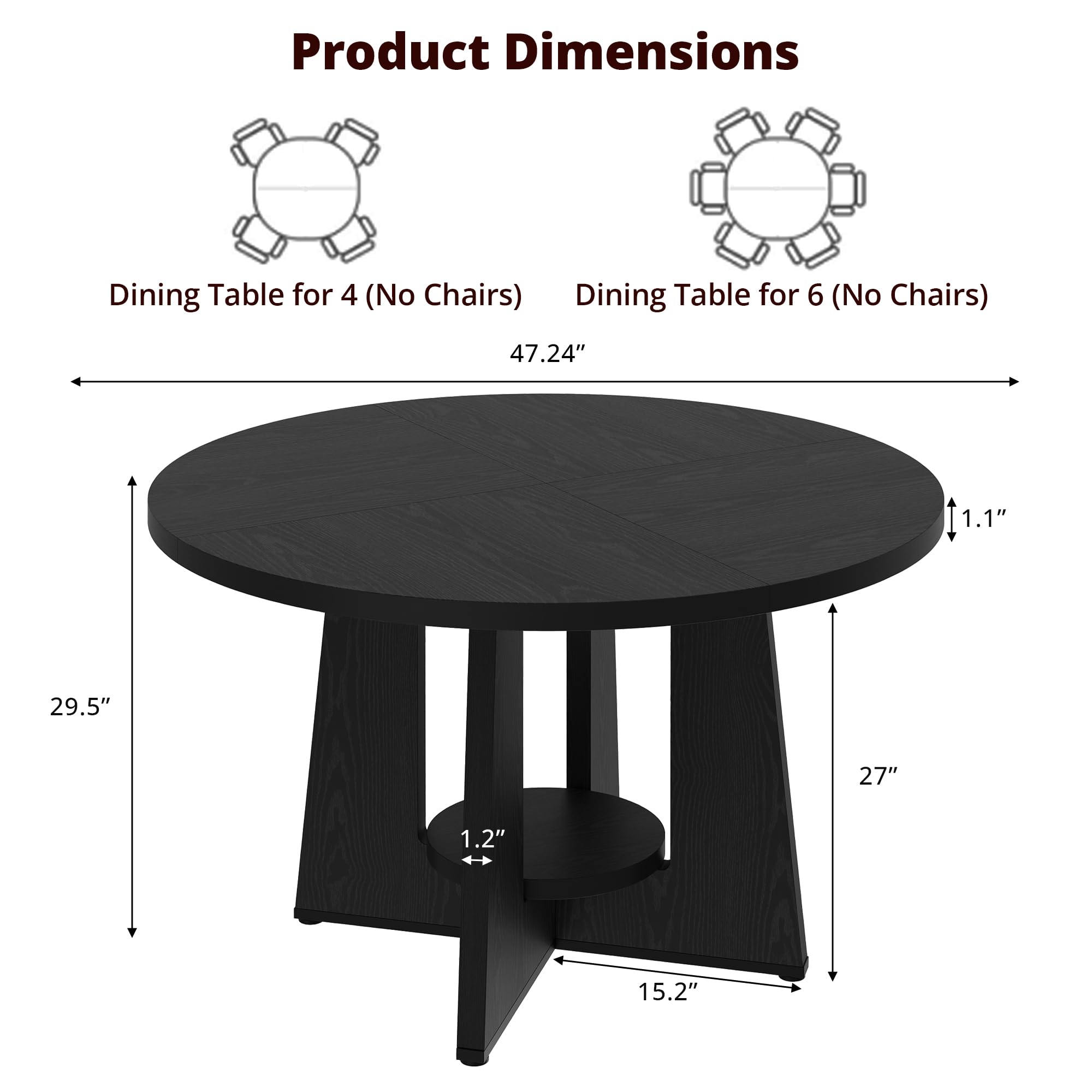 Condition photo showing Good Condition for black round dining table for 4-6, 47 inch black kitchen table with storage shelf & wood pedestal base, modern circle dining room table for small apartment, home office, living room