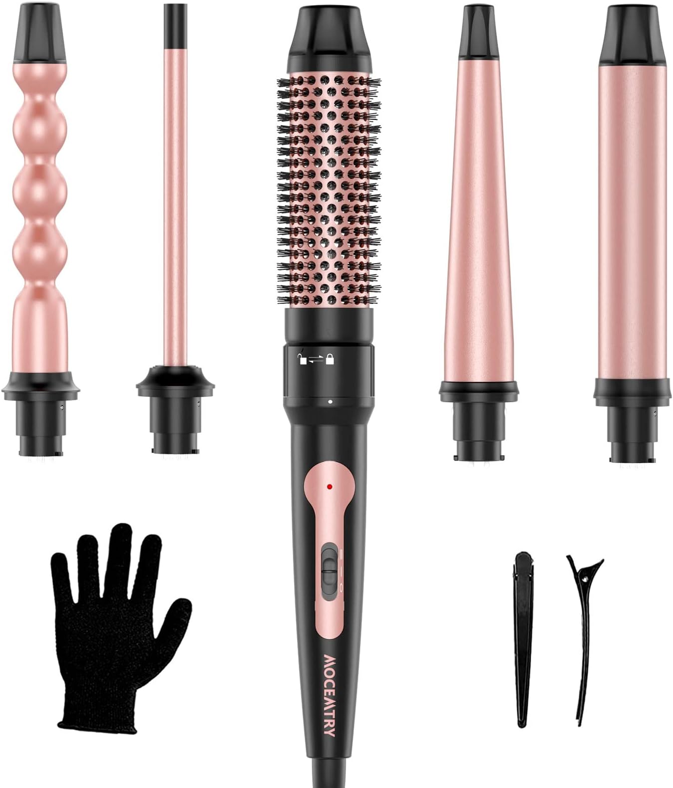 Curling Iron Set, 5 in 1 Curling Wand Set Interchangeable Ceramic Barrels(0.35โ-1.25โ) and Curling Brush, 2 Temps Instant Heating, Dual Voltage Hair Curlers, 2 Clips & Gloves Wand Curling Irons