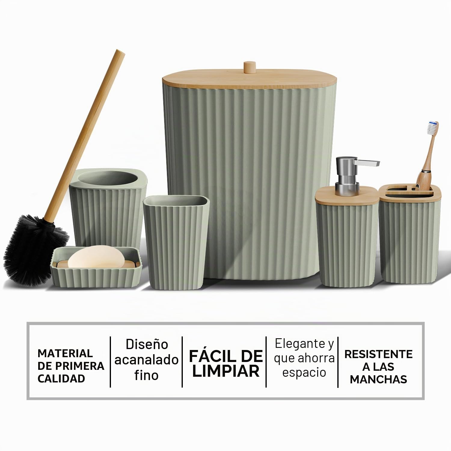Clara Clark Juego de Accesorios de baño Verde Salvia, Juego de Accesorios de baño de 6 Piezas, Juegos de baño con Cepillo de Inodoro, Cubo de Basura y dispensador de jabón