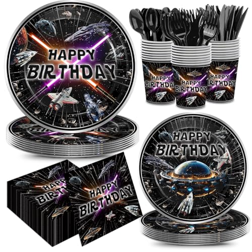 168pcs Star Party Decorations Plates Napkins Disposable Paper Cups Black Forks Galaxy Movie Star Birthday Party Supplies Tableware Set for Kids Boys Birthday Decor Serves 24 Guests