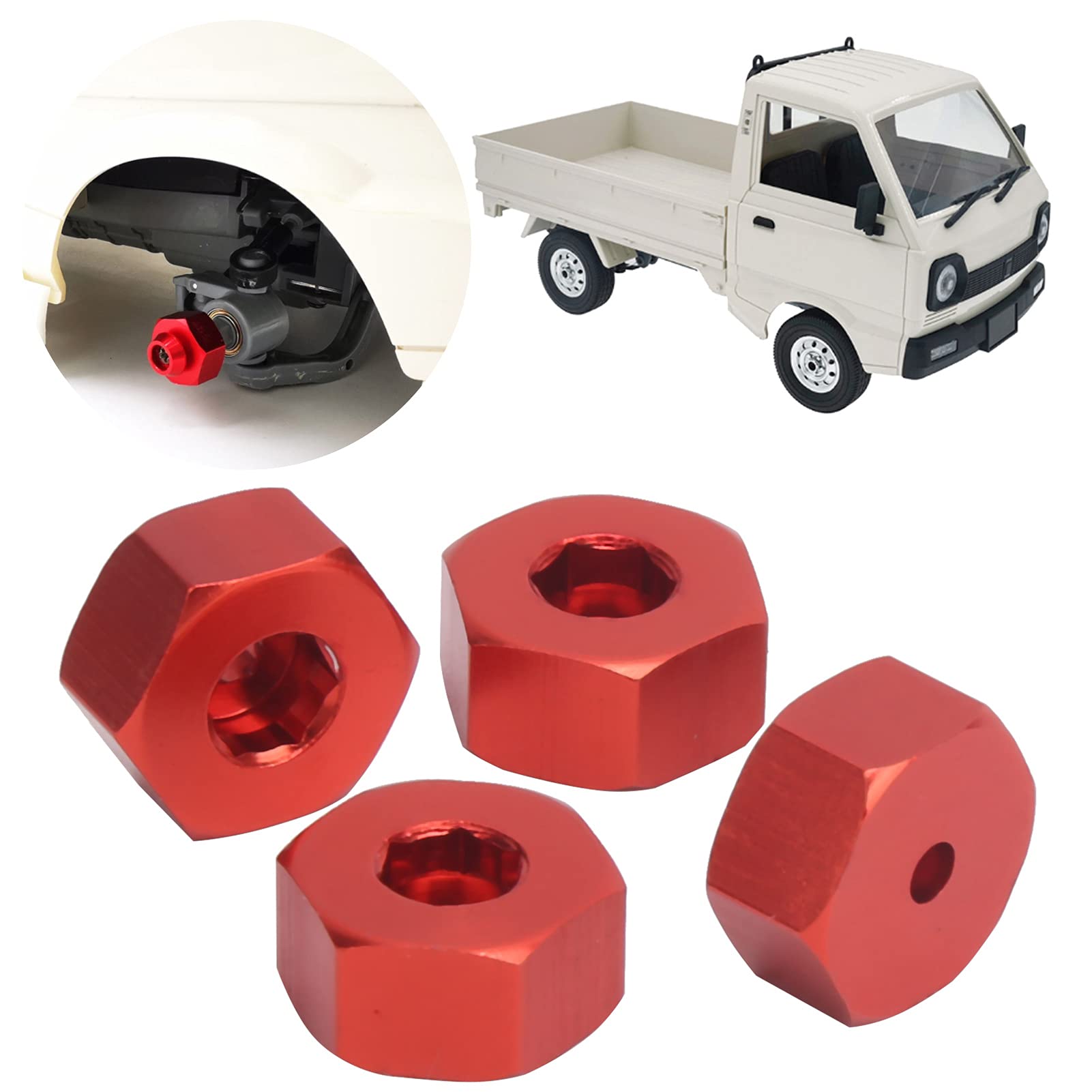 BONKZEBU 4pcs RC Hex Combiner, Wheel Hub Hex Adapter 5mm to 12mm Combiner Available for WPL D12 1/10 RC Model Trucks (Red R)