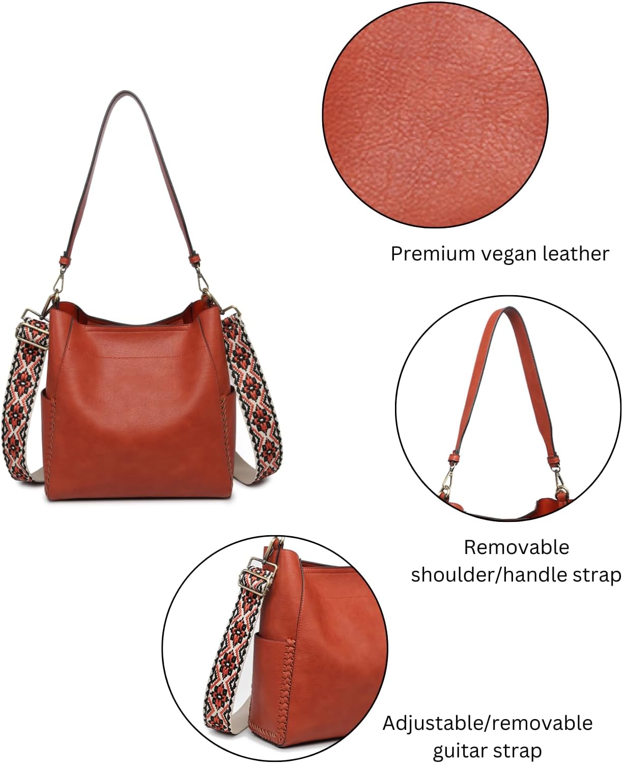 JEN & CO. Penny Vegan Leather Bucket Bag 2-in-1 Crossbody Shoulder Handbag Purse for Women with Adjustable Guitar Strap