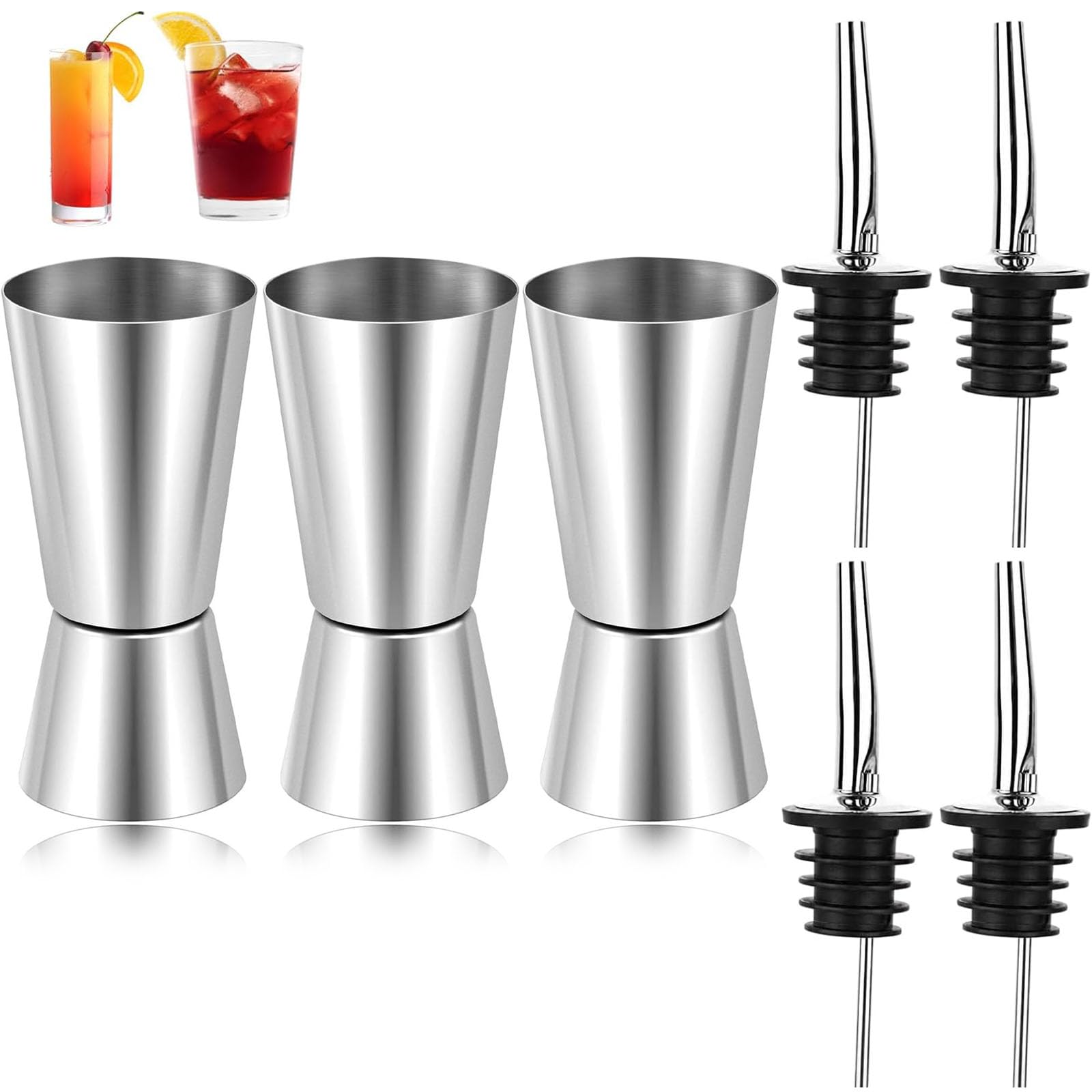 XLTXWD 7PCS Spirit Measure, Shot Measures for Spirits, with 4Pcs Bottle Pourers for Spirits,Shot Measures for Spirits, Drink Measures for Spirits Stainless Steel Double Spirit Measures 25ml 50ml