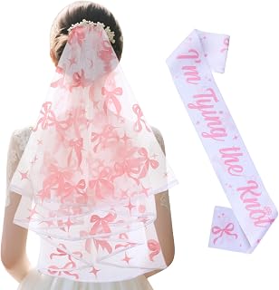 Diartpaint Pink Bow Bridal Shower Decorations Coquette I'm Tying the Knot Bridal Sash Pink Bow Themed Veil for Bride to Be Engagement Party Gift Decorations Bachelorette Party Favors Accessories