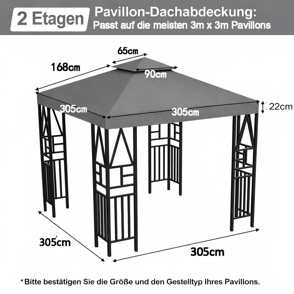 Pavillon Ersatzdach 3x3M Wasserdicht, UV-beständig, Doppellagig mit Belüftung, 12 Fest Integrierten Klettbändern, Hochdichtes Polyesterdach für Gartenpavillon, Grillpavillon oder Partyzelt (Grau) - 3