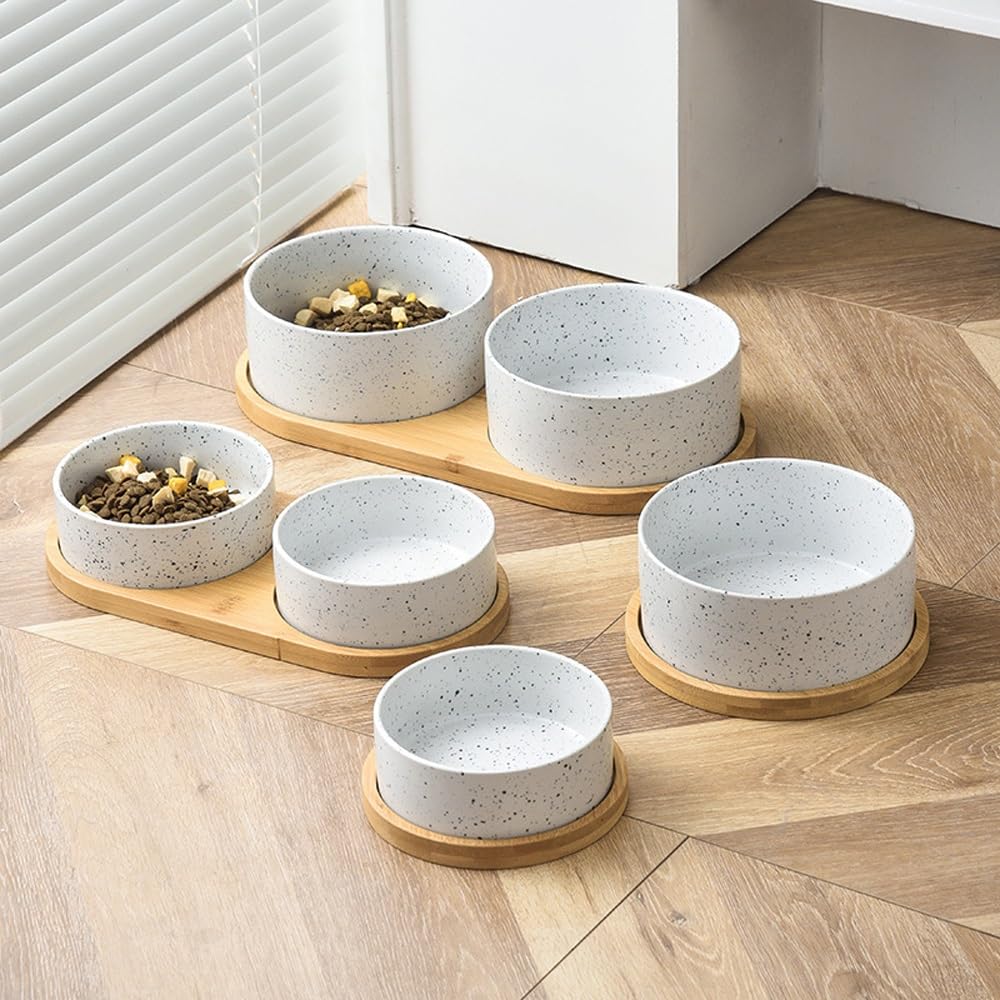 Ceramiczna miska dla psa Obciążona miska na karmę dla psa z drewnianą podkładką Miska na karmę dla zwierząt, miska na mokrą lub suchą karmę i wodę, akcesoria dla kotów domowych(Single tray)