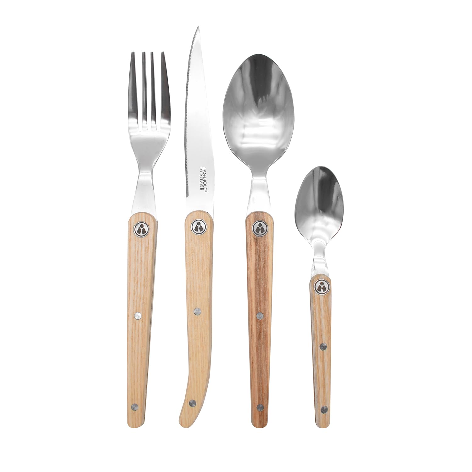 Cubertería Laguiole 16 piezas - Acero inoxidable y madera de fresno - Cubertería de menú para 4 personas - Cubertería de acero inoxidable de alta calidad - Cubertería de diseño con mango de madera