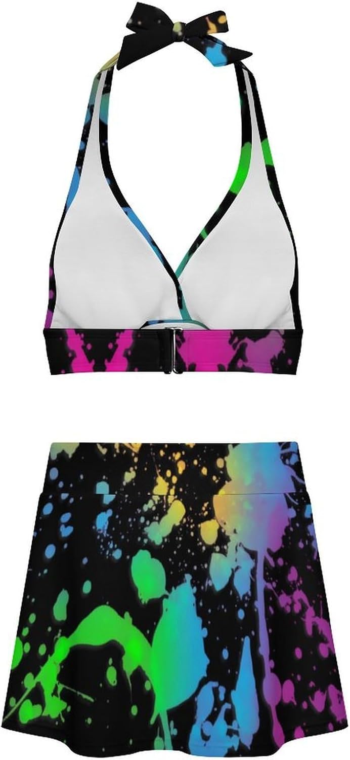 Rainbow of Neon Paint Splatters Swimsuit Swimwear, Women Adjustable Bathing Suits