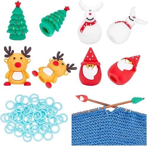 BENECREAT Kit de herramientas de tejer de 68 piezas, 8 protectores de puntos de silicona para tejer con temática navideña, 60 anillos de plástico