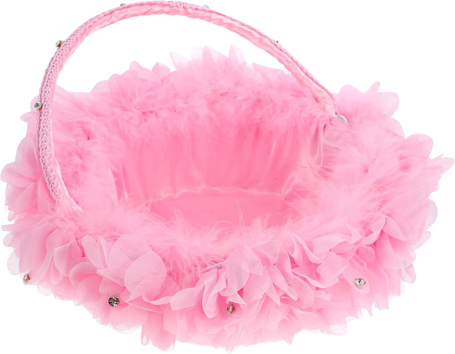 Wedding Flower Girl Basket Handheld with Pink Lace Artificial Flowers for Ceremony and Party Supplies