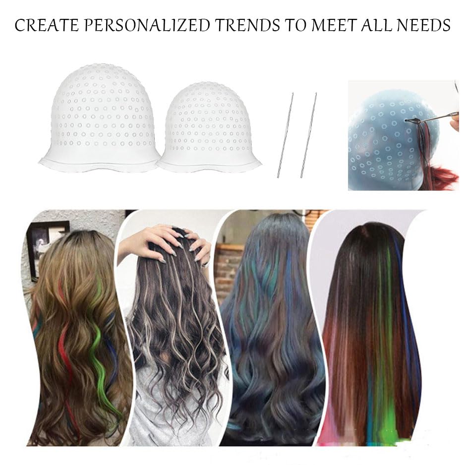 2 Pcs Silicone Hair Coloring Highlighting Cap, Punched Highlight Cap for Hair with Hook,Reusable Pull Through Caps for Hair Coloring, Hair Dye Cap with Hook for Women Men