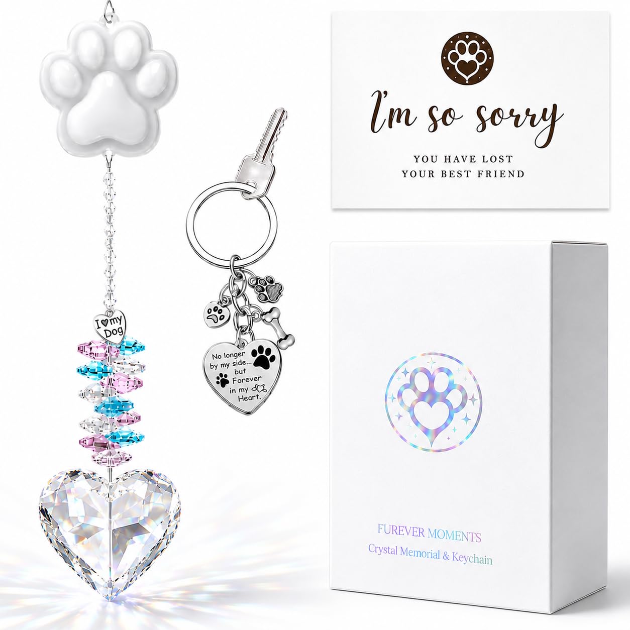 Pet Memorial Suncatcher - Rainbow Bridge Memorial Gifts for Loss of Dog, Pet Loss Sympathy Gift, Heartfelt Pet Loss Gifts, 33-cm Crystal Suncatcher & Paw Keychain with Sympathy Card, Gift Boxed