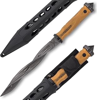 M48 Battle Scarred Tan Spiral Fixed Blade Knife | Vortec Belt Sheath | Stonewashed 8" Stainless Steel Blade | 48HC Hardness | Versatile Use Tool | Overall Length 13 1/2" - M48