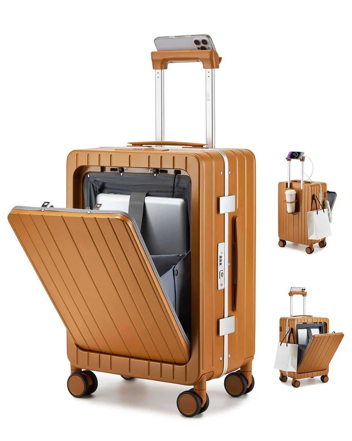 Somago 20 inch Carry On Luggage Aluminum Frame Front Pocket Suitcase With TSA Lock Lightweight PC Suitcases with Cup Holder USB Charging Port (Yellow