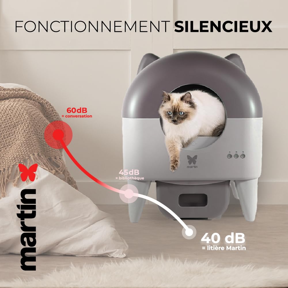 Martin Sellier Automatisches Katzenstreu, 76 l, intelligente Reinigung, Steuerung über App, Sicherheitssensoren, sehr leise (40 dB), mehrere Katzen, modernes LED-Design