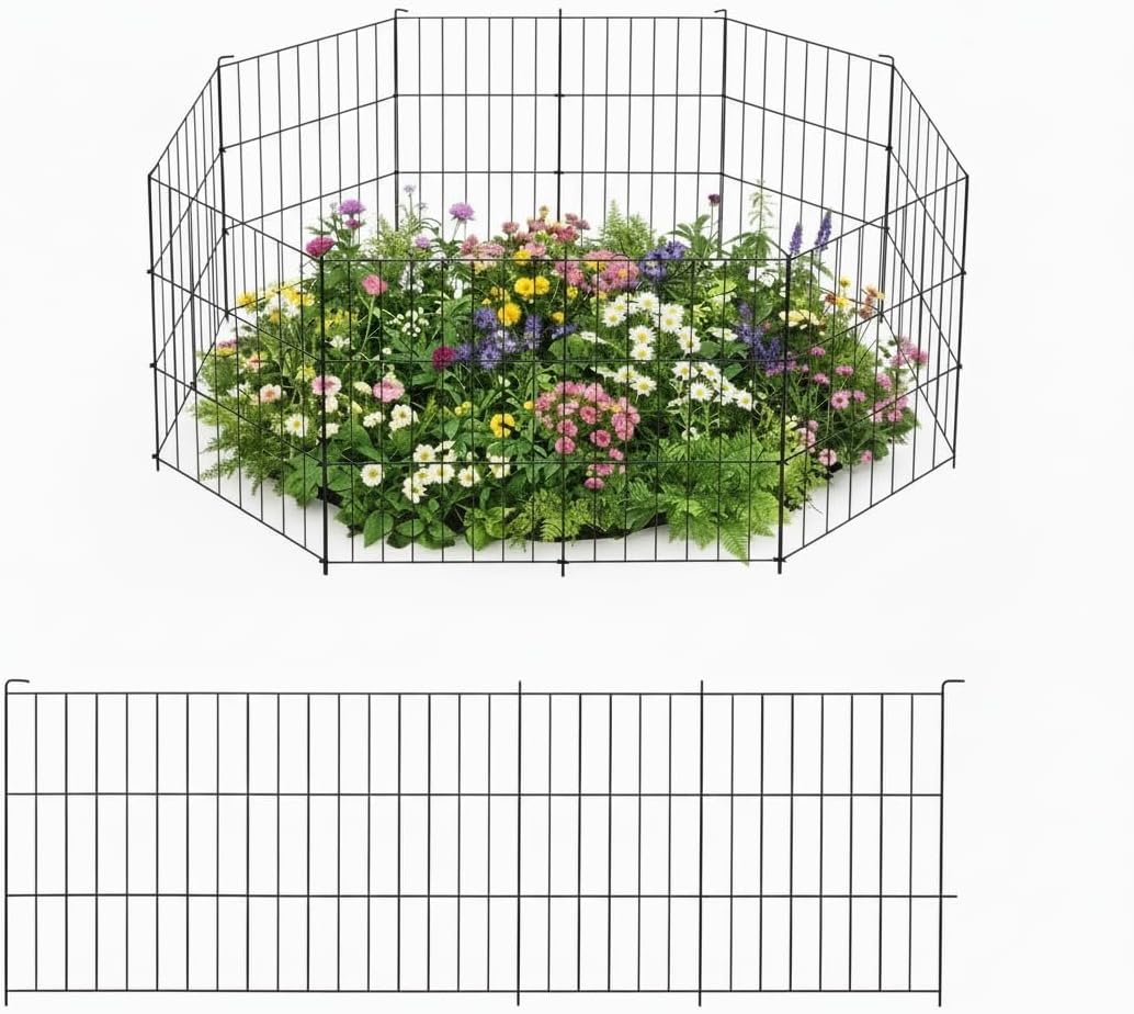 10 Pack Animal Barrier Fence, 16 in (H) x 10 ft (L) Rustproof Metal No Dig Fence Decorative Garden Fencefor Dog, Flower Bed Protector, Décor