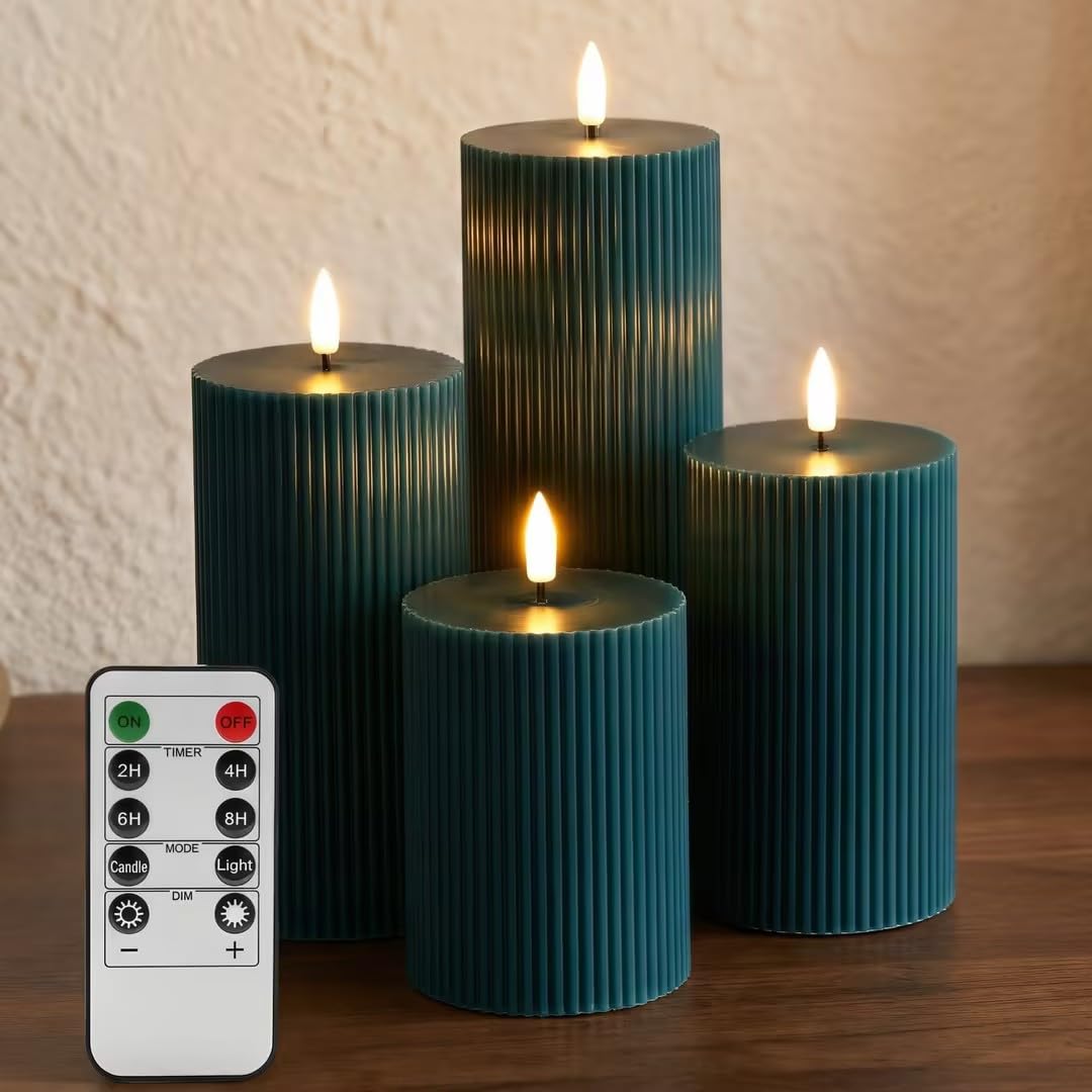 Green Ribbed Flameless Pillar Candles with Remote, Flat Top Flickering LED Wax Battery Candles Set of 4, Φ 3" H 4" 5" 6" 8"