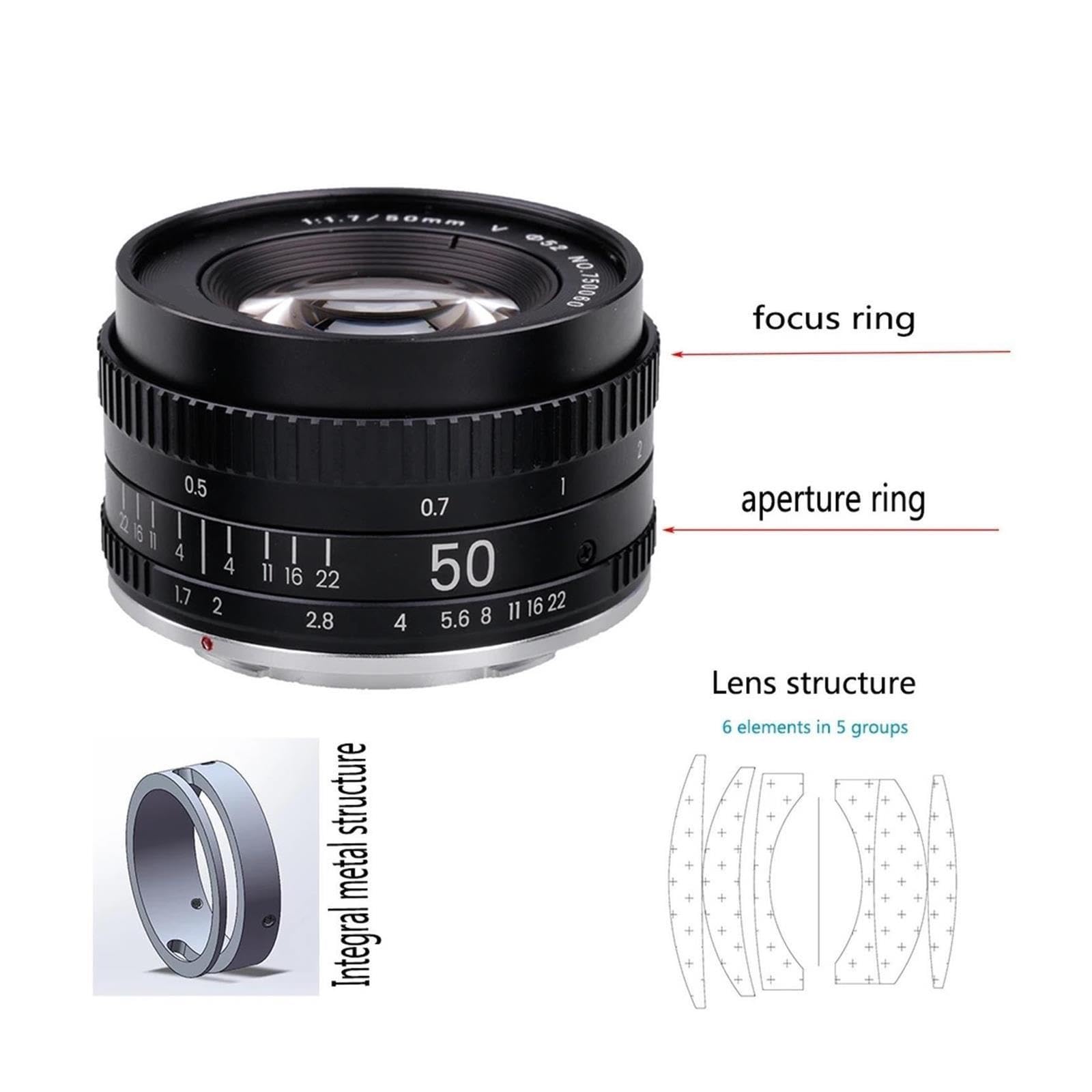 Objetivo 50mm F1.7 Manual, Prime de Formato Completo Metal