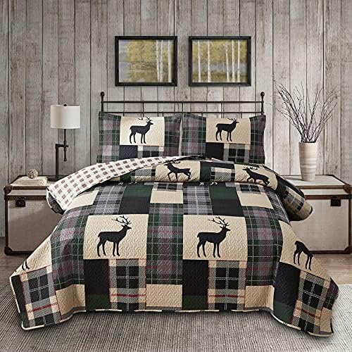 Lodge Bedspread Set Full/Queen Size Rustic Cabin Quilt Set Deer Bedding Sets Lightweight Coverlet Reversible Bedspreads Elk Moose Bedcover Dark Green Beige Plaid Patchwork Bedding Country Decor
