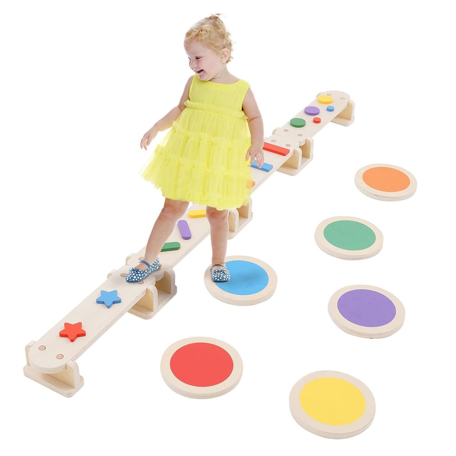 Wooden Balance Beam with 6 Stepping Stones, Kids Montessori Sensory Toy Obstacle Course for Toddler Outdoor Indoor Play, Wooden Balance Board Build Coordination (Large)