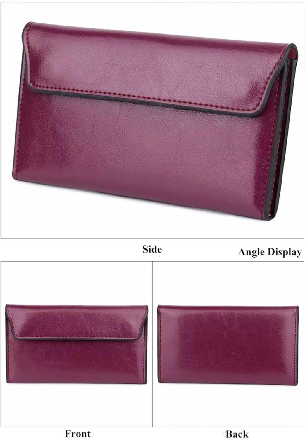 Women's Genuine Real Leather Slim Envelope Wallet with Detached Card Holder with Magnetic Closure, Phone Holder Clutch (Rose Purple) - Image 2