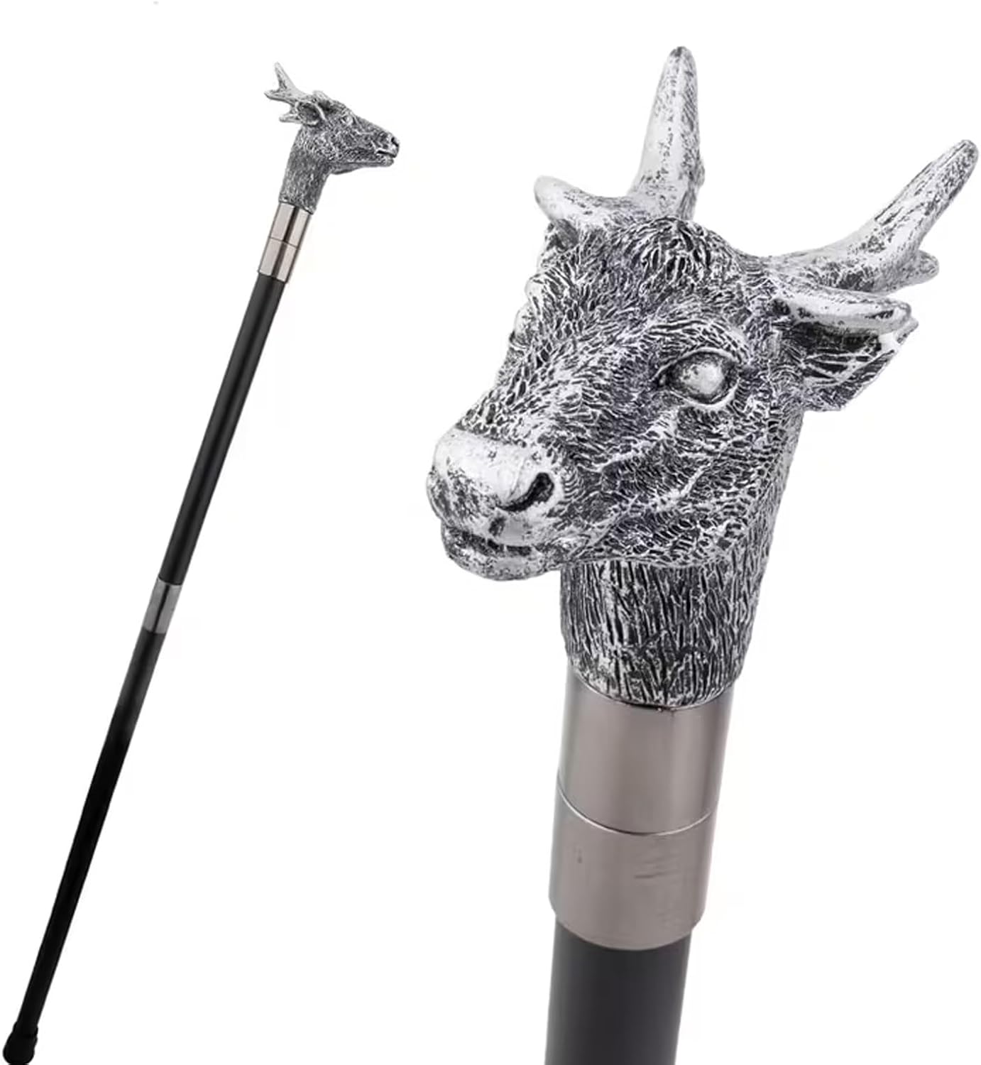Silver Deer Head Walking Cane, Luxury Men Womens Walking Stick, Removable Anti Slip Scepter, Cospaly Vintage Party 93cm