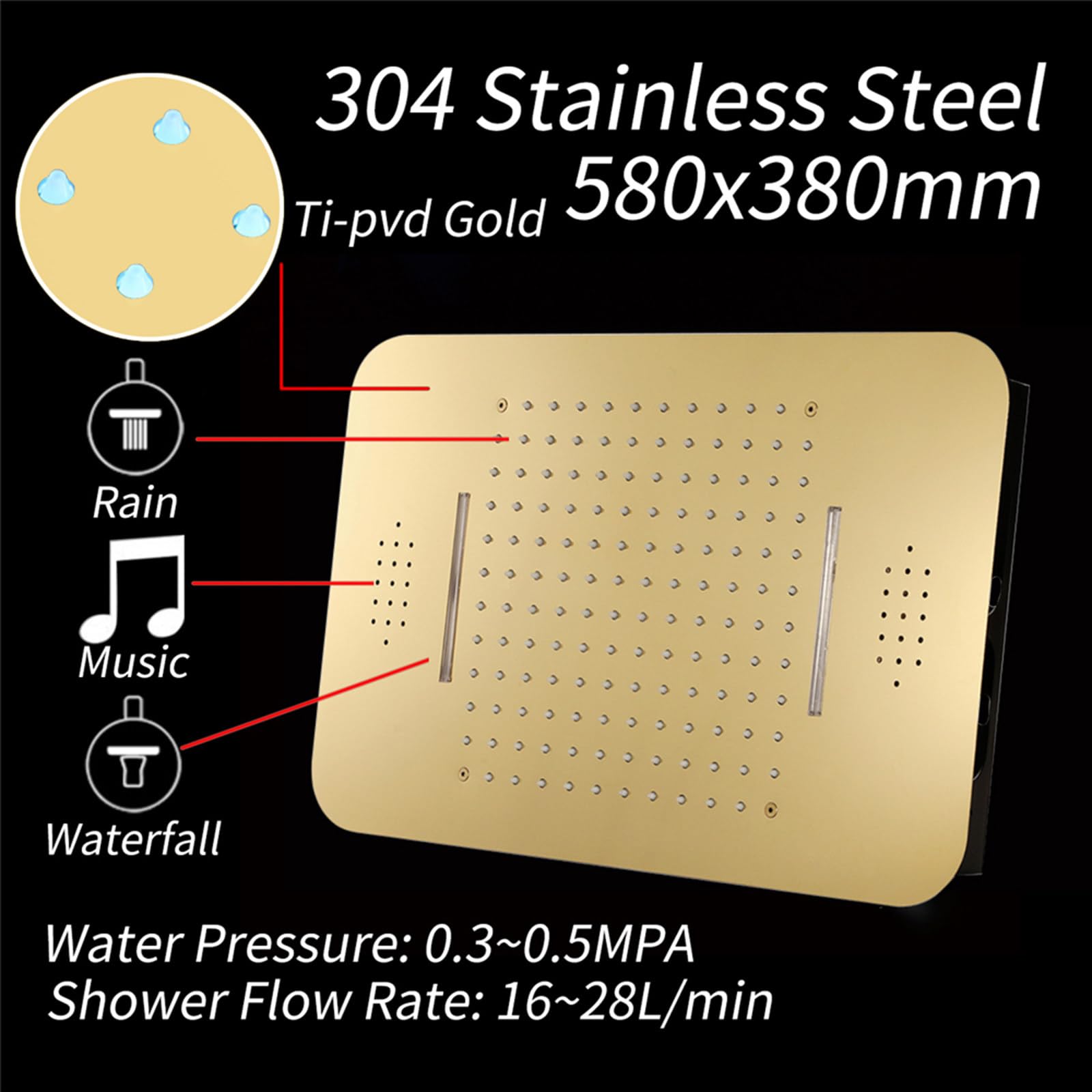 Cabezal De Ducha De Música LED Oro 58X38CM con Modos De Lluvia Y Cascada, Acero Inoxidable 304, Altavoz Bluetooth Integrado, Mando a Distancia De 64 Colores De Luz