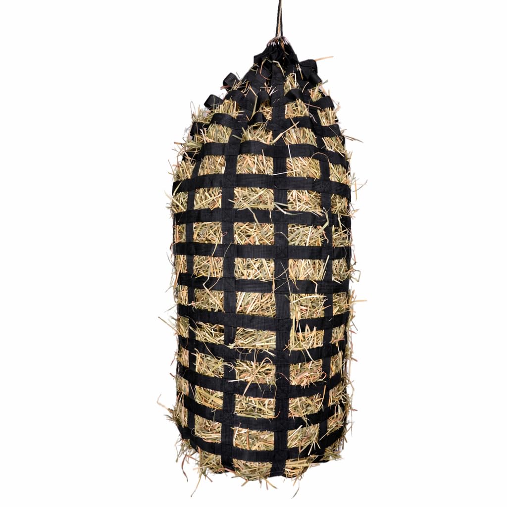 Flori's Filet à foin pour chevaux à mailles serrées - Sac à foin de qualité supérieure pour chevaux à l'alimentation adaptée à l'espèce - 90 x 60 cm - Capacité : jusqu'à 3 kg - Râteau à foin - Jouet