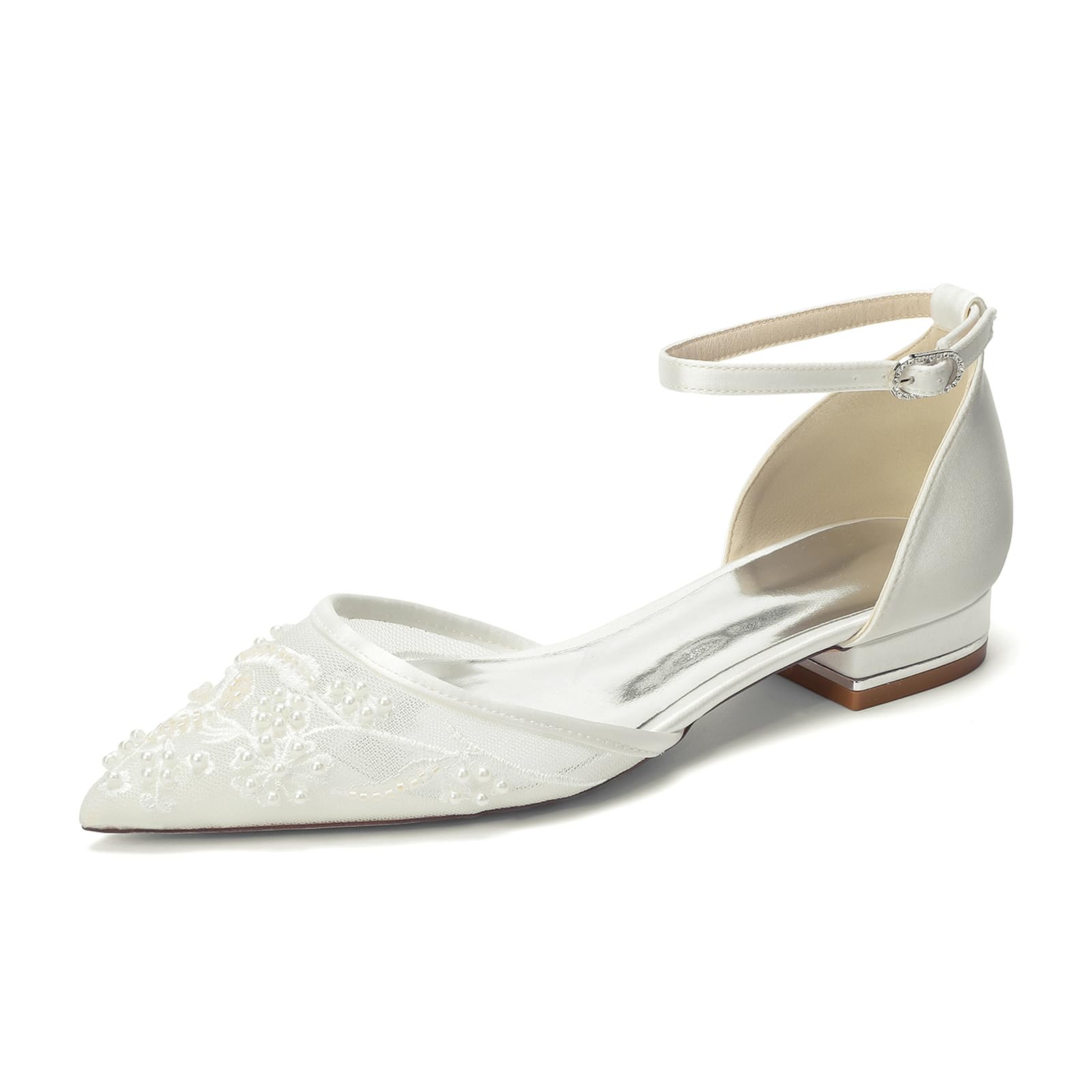 Eleganckie buty dla panny młodej, płaski obcas 2,5 cm, biała siatka, koraliki, koronka, pasek na kostkę, dla panny młodej