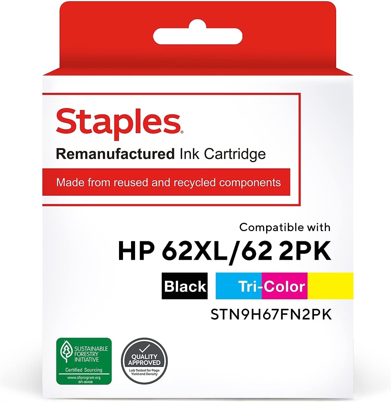 STAPLES Remanufactured 62XL/62 Ink Cartridges Black/Tri-Color High Yield/Standard Replacement for HP 62XL/62 (2-Pack)