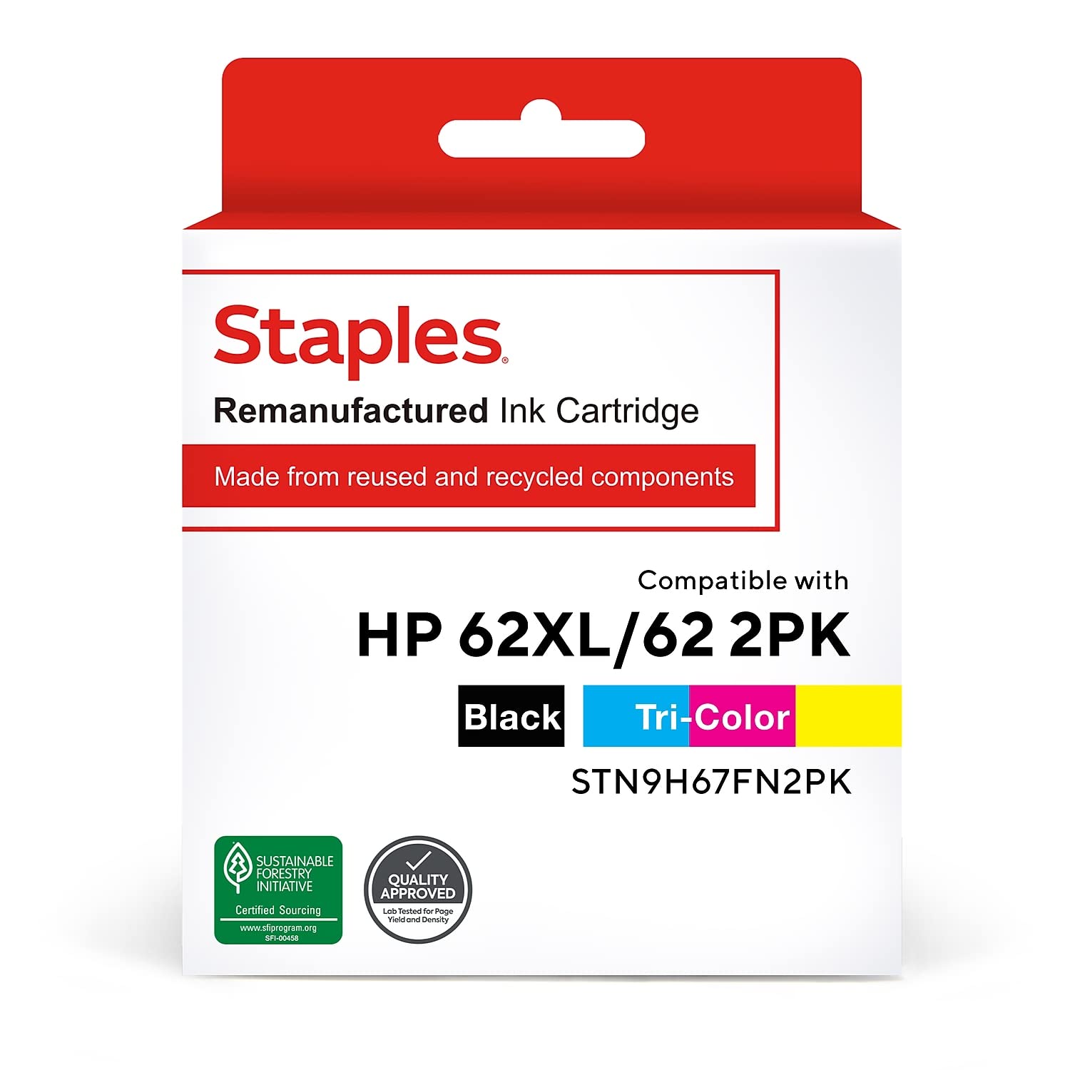 STAPLES Remanufactured 62XL/62 Ink Cartridges Black/Tri-Color High Yield/Standard Replacement for HP 62XL/62 (2-Pack)