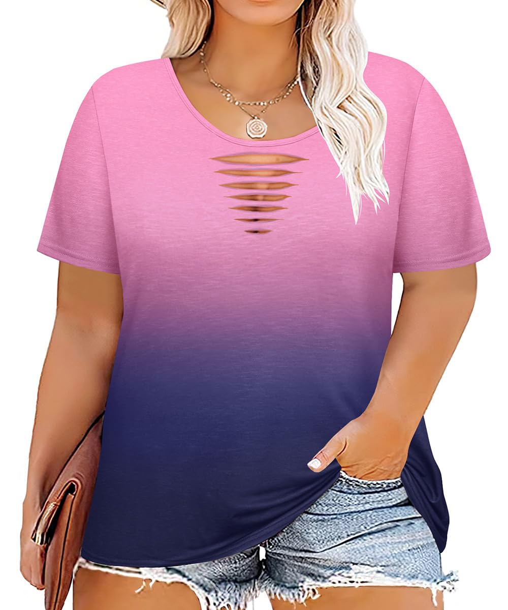 CARCOS Plus Size Tops for Women Short Sleeve Shirts Basic Tee Solid Color Blouse V Neck Tunic Loose Fit Tshirts Summer XL-5XL
