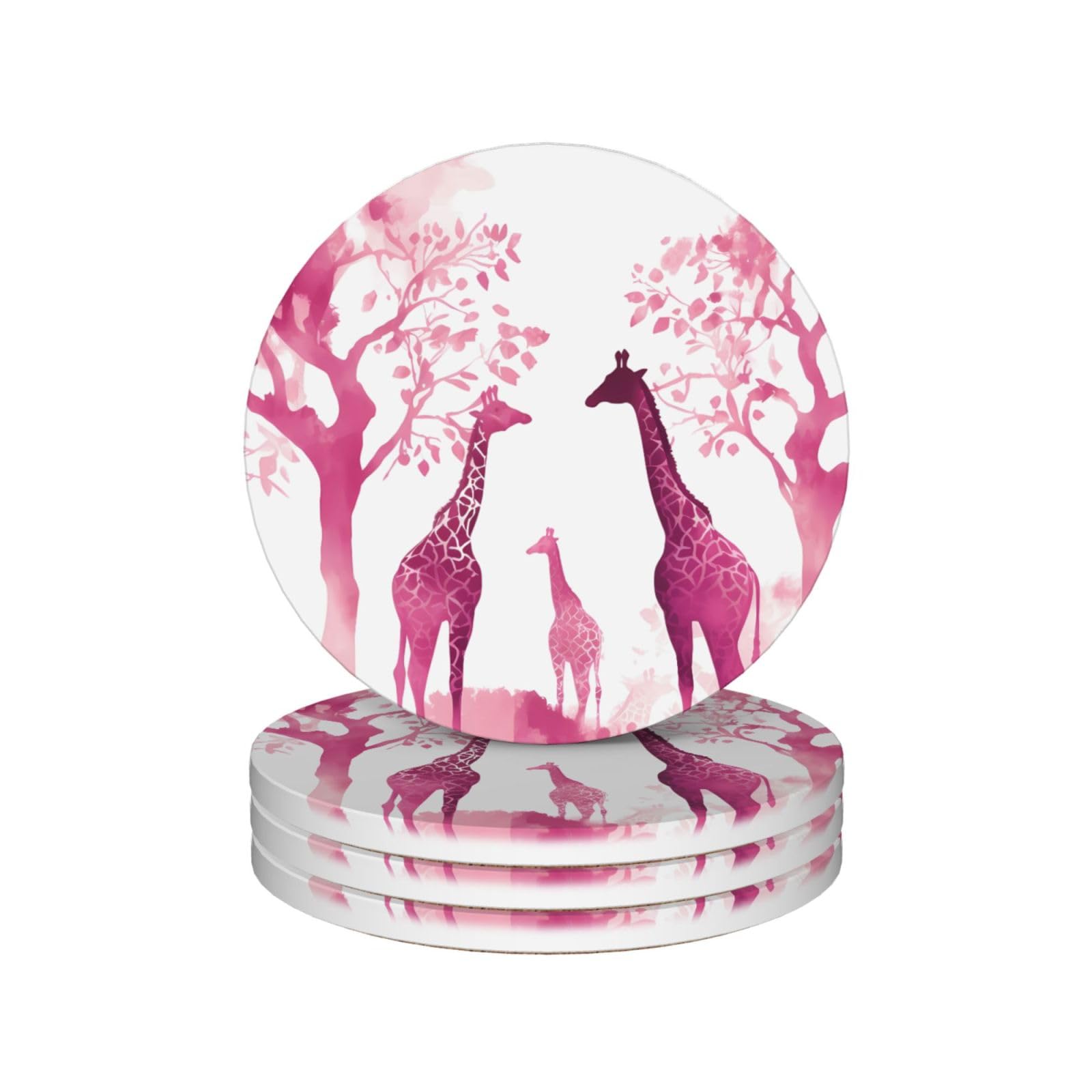 Drink Coasters Set of 4 Coffee Ceramic Coaster Silhouette of Pink Giraffe Coasters for Drinks Coffee Cup Mat Heat Resistant Tabletop Protection Coaster Desk Accessorie Home Decorative