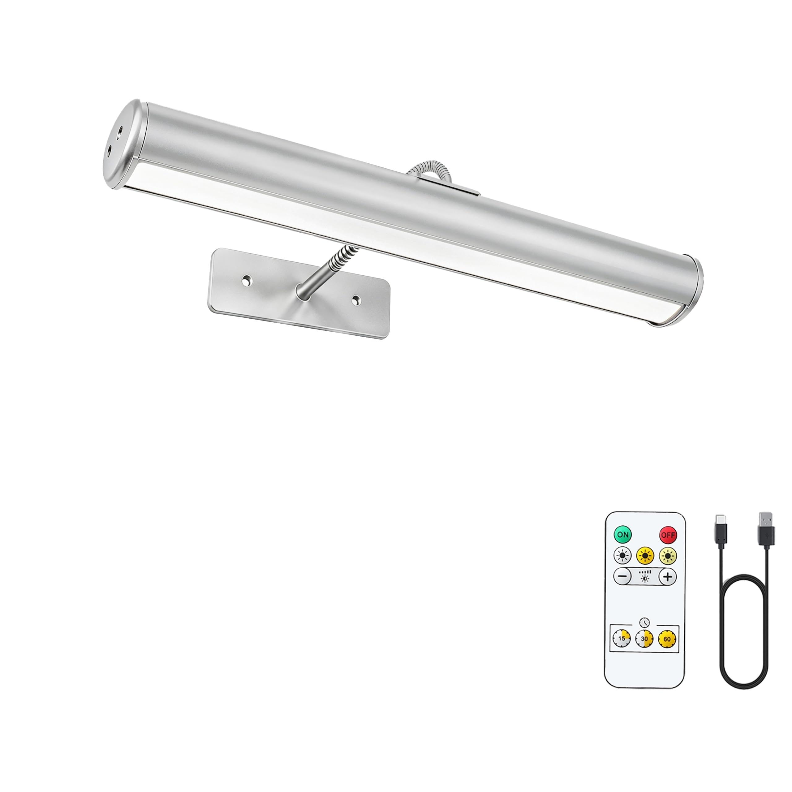 Battery Operated Picture Light for Wall, 13inch 4400mAh Cordless Wall Lamp for Painting Photo Artwork, Remote Control, Magnetic for Easy to Charge,Timers, Display for Gallery Living Room (Silver)