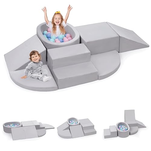 Rinnebbit 7-Piece Foam Climbing Blocks for Toddlers, Baby Climb and Crawl Soft Play Set with Ball Pit, Machine Washable Cover, Indoor Activity Play Structure, Climbing Toys for Toddlers 1-3 (Gray) - Enlarged 7 Pieces-Gray