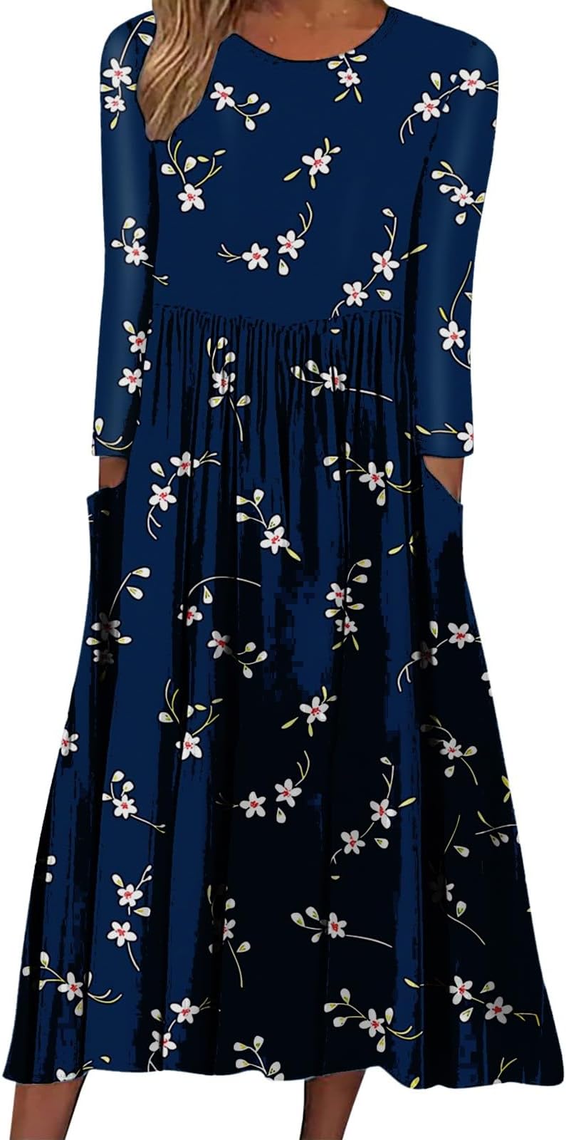 MiyaomnMiyaom Women's 2024 Fall Long Sleeve Maxi Dress Floral Printed Crewneck Casual Loose Pleated Swing Midi Dresses with Pockets