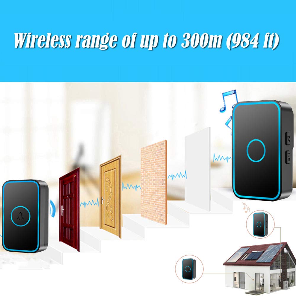 Timbre inalámbrico IP55 resistente al agua, kit de timbre de puerta con 4 receptores enchufables y 2 transmisores, destellos LED/antiinterferencias, 60 timbres, 5 niveles de volumen, rango de trabaj