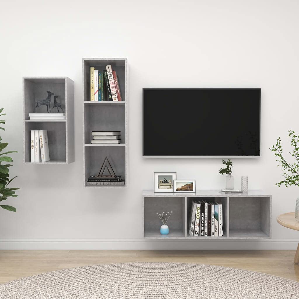 3-TLG. TV-Schrank-Set Betongrau, Holzwerkstoff, Hängend, Modernes Media-Center für Wohnzimmer, Schlafzimmer, Vielseitige Aufbewahrungslösung