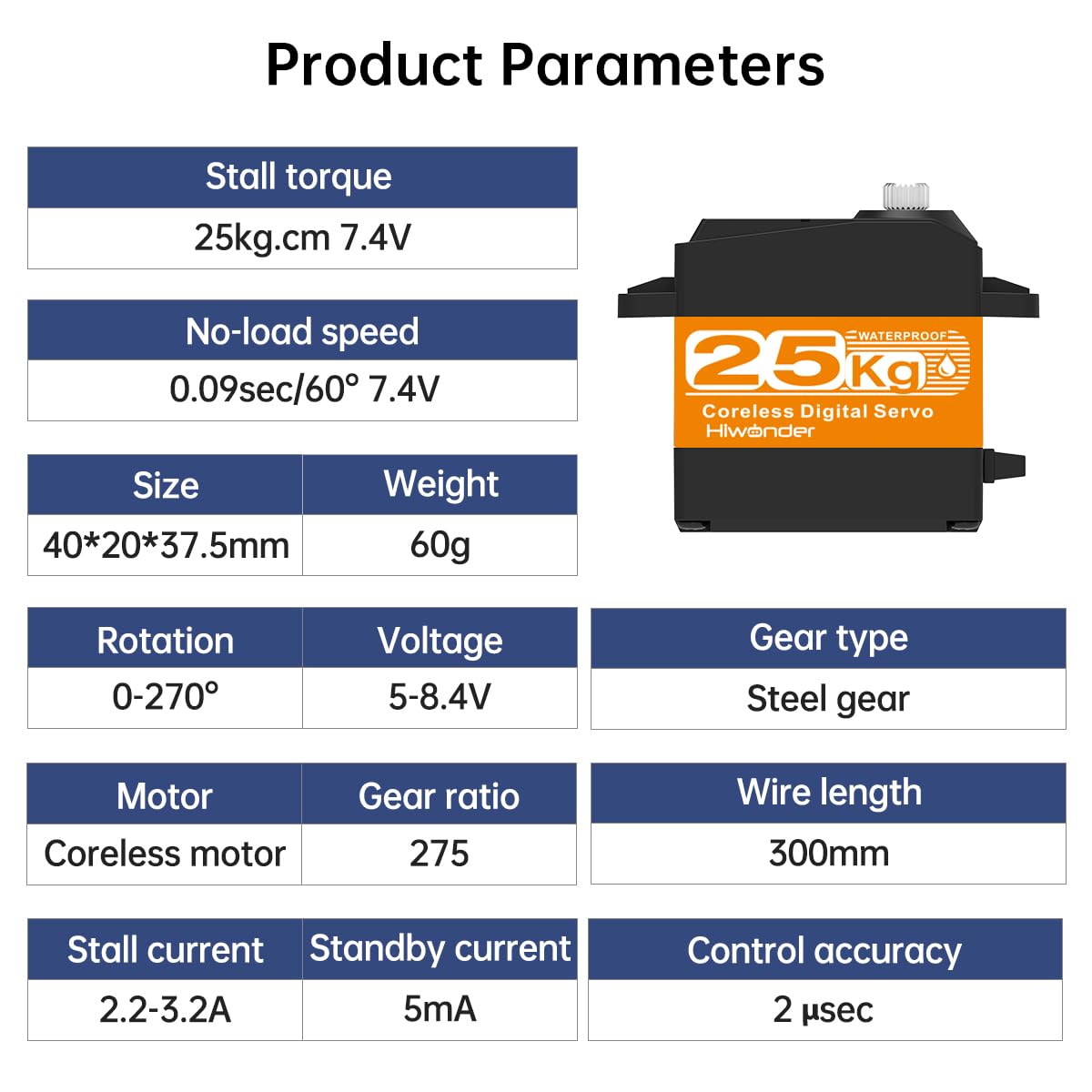 Servomotores RC Servo de alto par de 25 kg, servo de dirección de engranajes de metal completo impermeable para robot de coche RC de 1/6 1/8 1/10 1/12 bricolaje, servo sin núcleo con servo bocina de