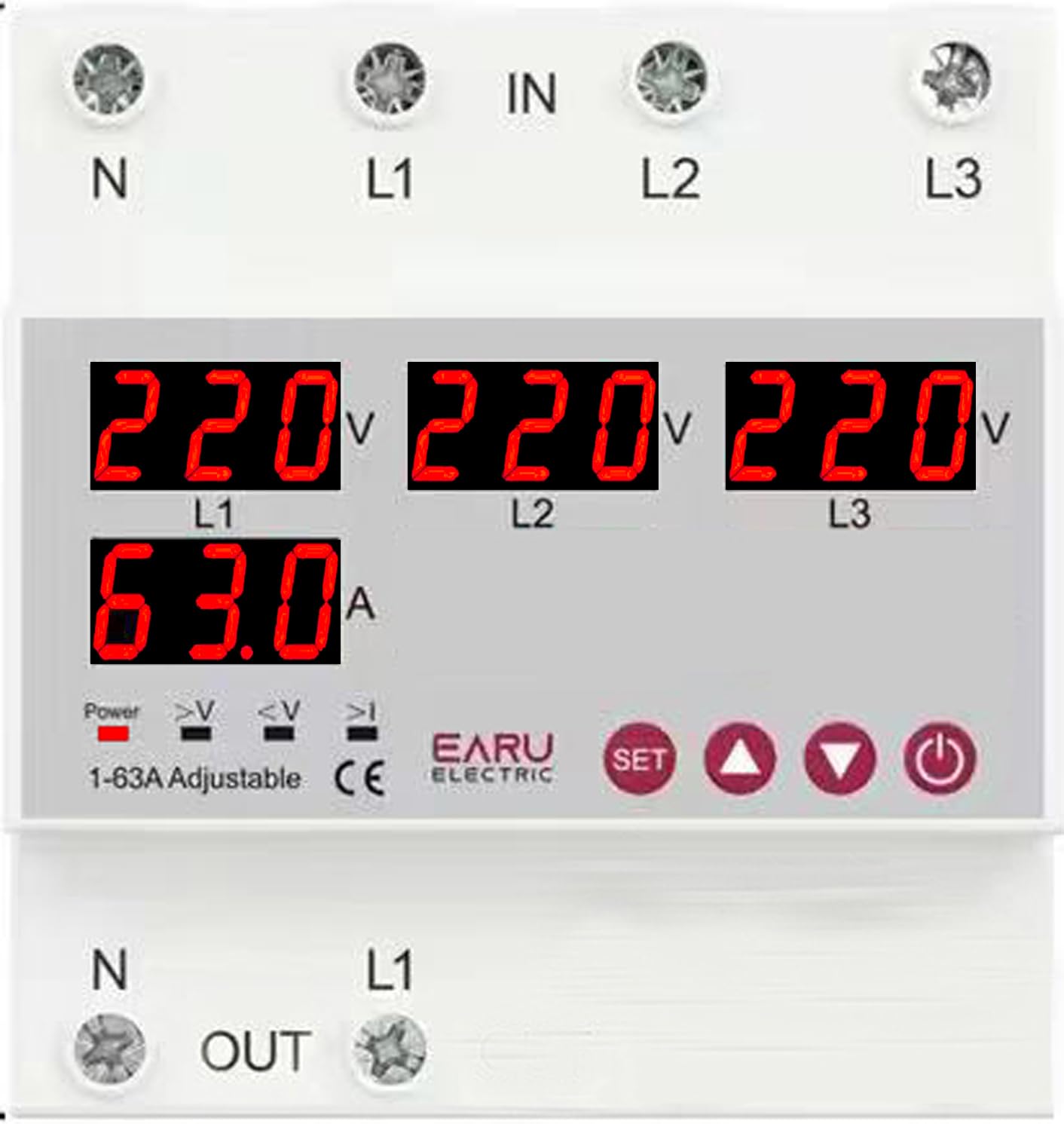 Close-up of EARU Electric 3-Phase ATS digital display showing voltage and current readings